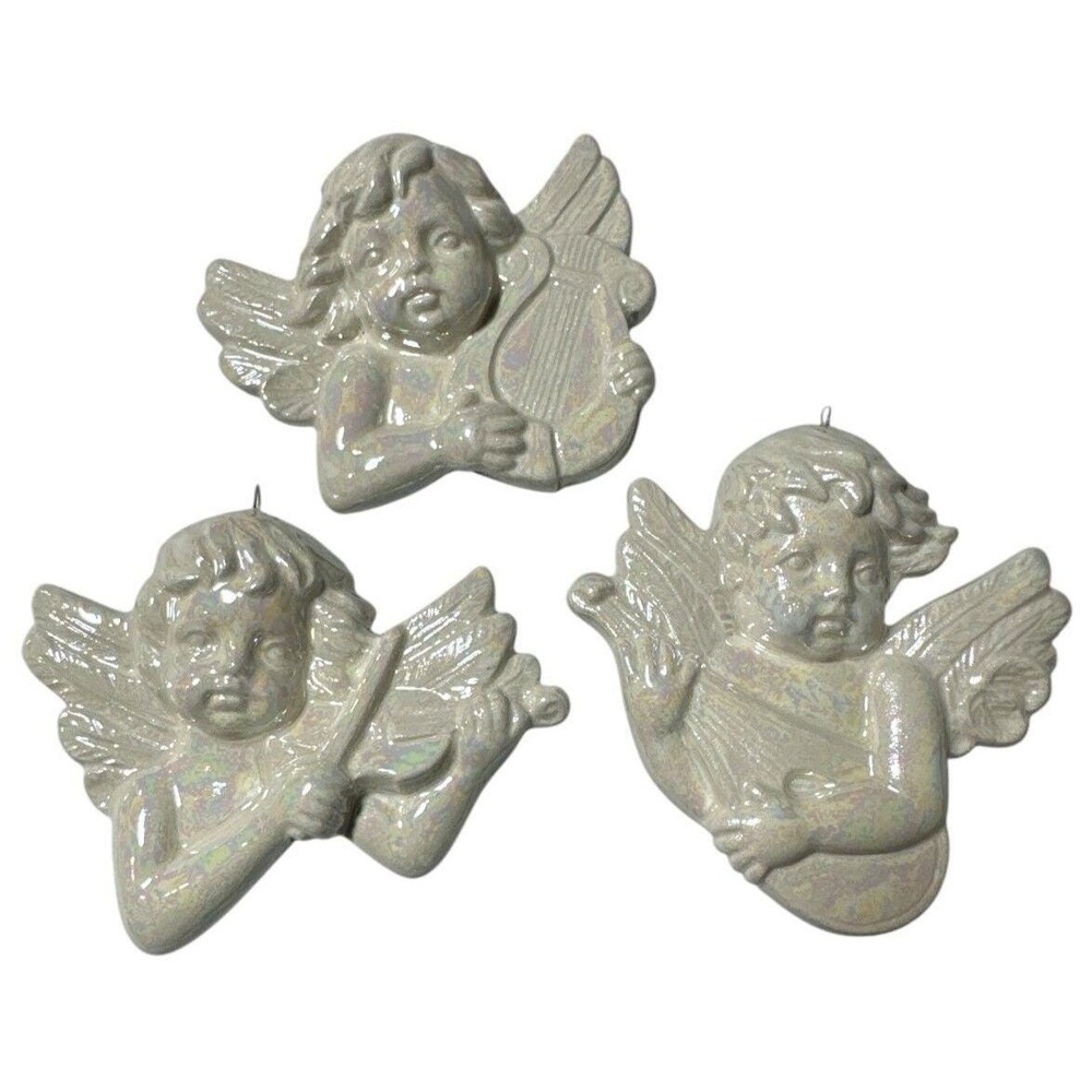 Vintage 1980s‎ Scioto Signed Cherub Angel Ornaments Set of 3 Playing Instruments